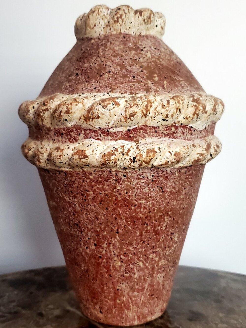 Vintage Speckled Mexican Pottery Vase Rustic Coral & Cream & Twisted Detail 10"H